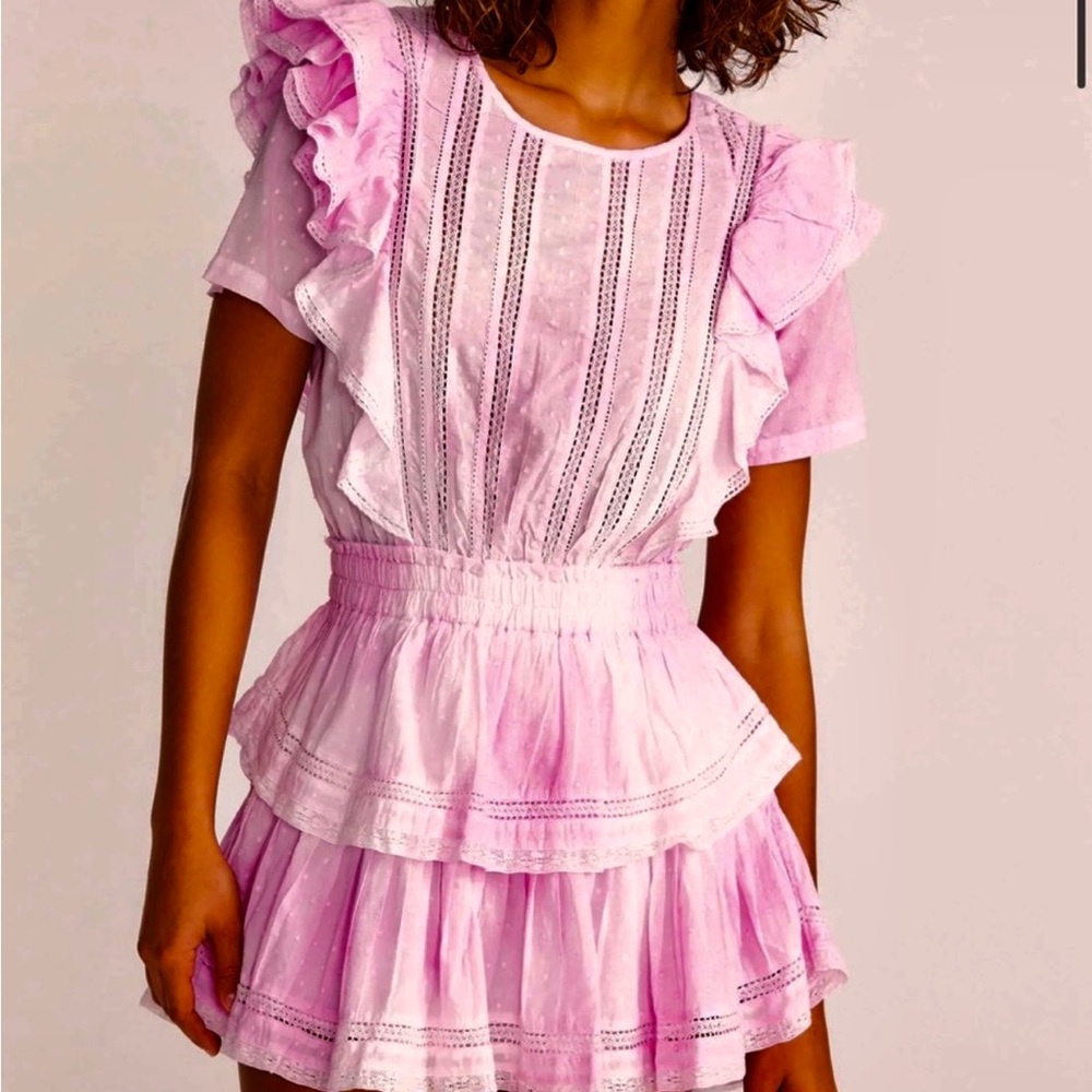 LoveShackFancy Natasha Short Sleeve
Eyelet Mini Dress in pink and white TieDie